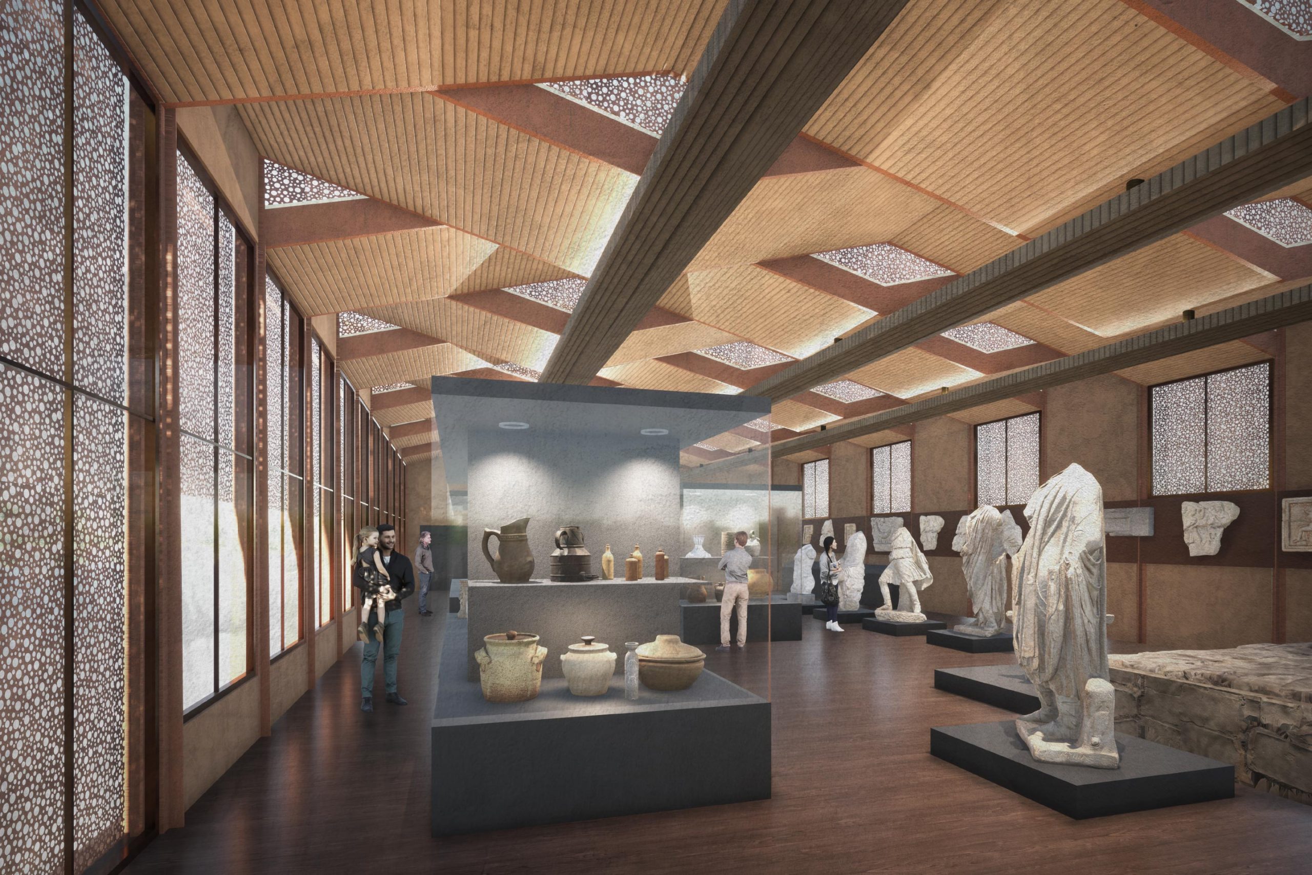 Render interno del nuovo antiquarium con statue e vasi