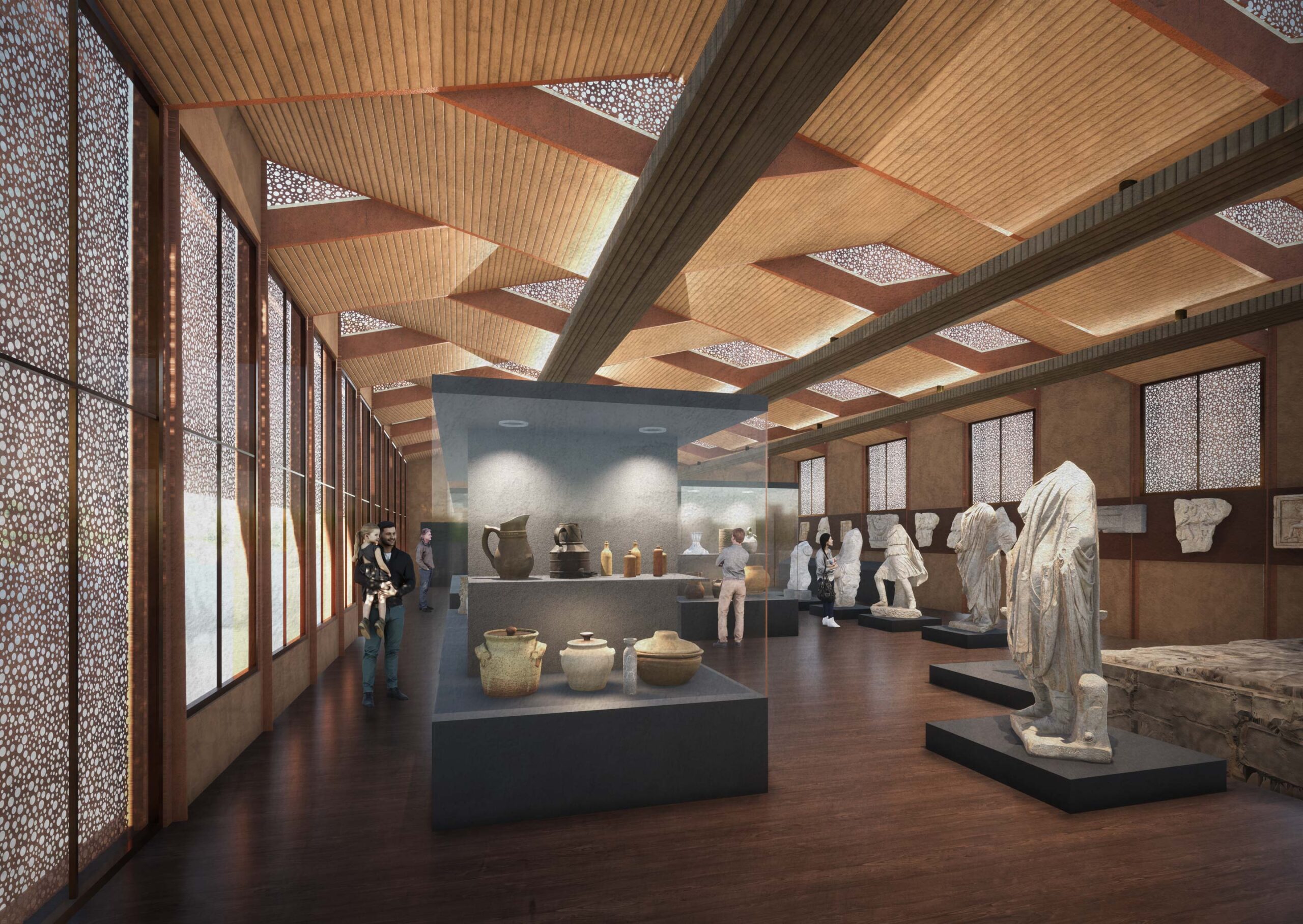 Render interno del nuovo antiquarium con statue e vasi