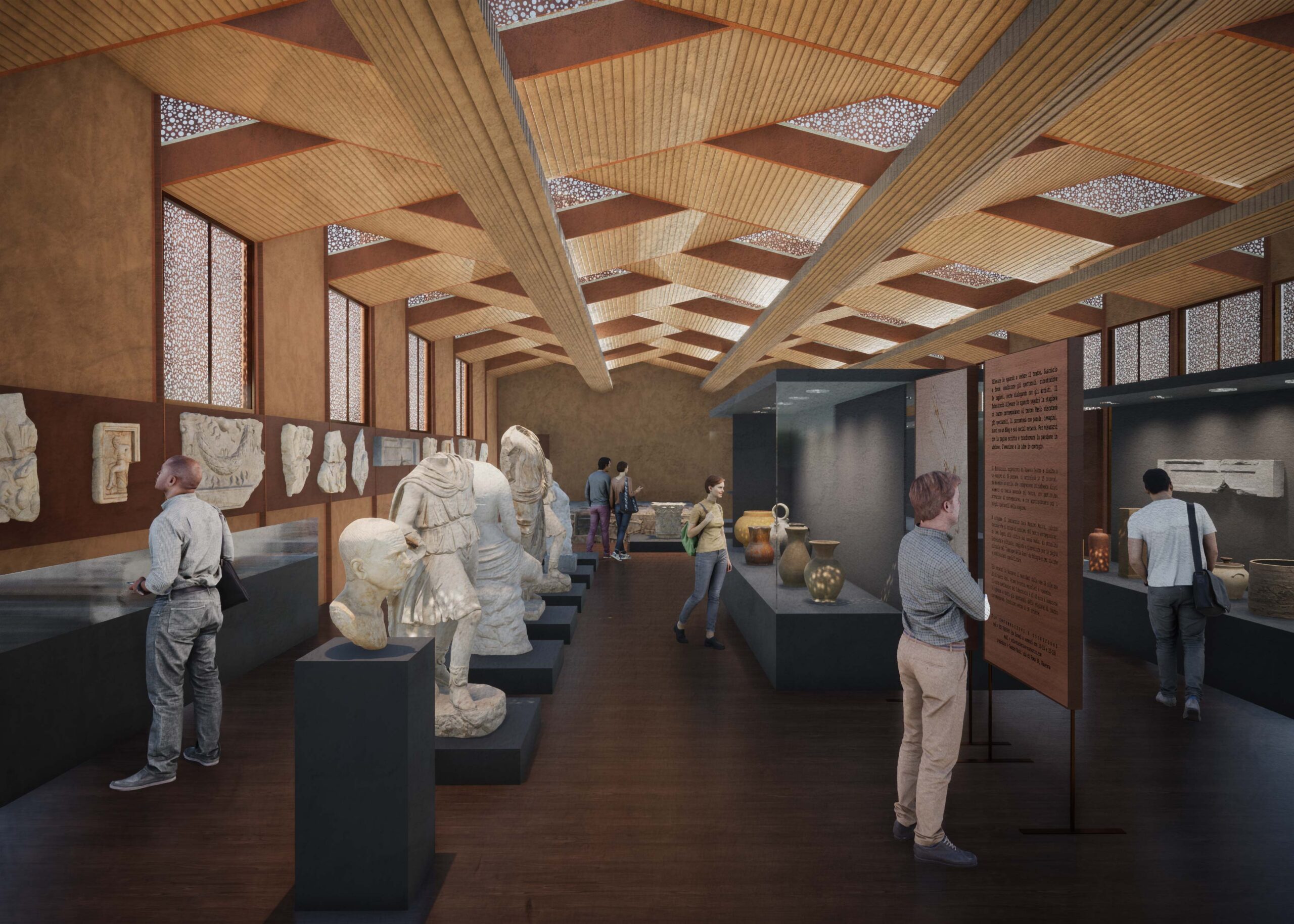 Render interno del nuovo antiquarium con statue e vasi