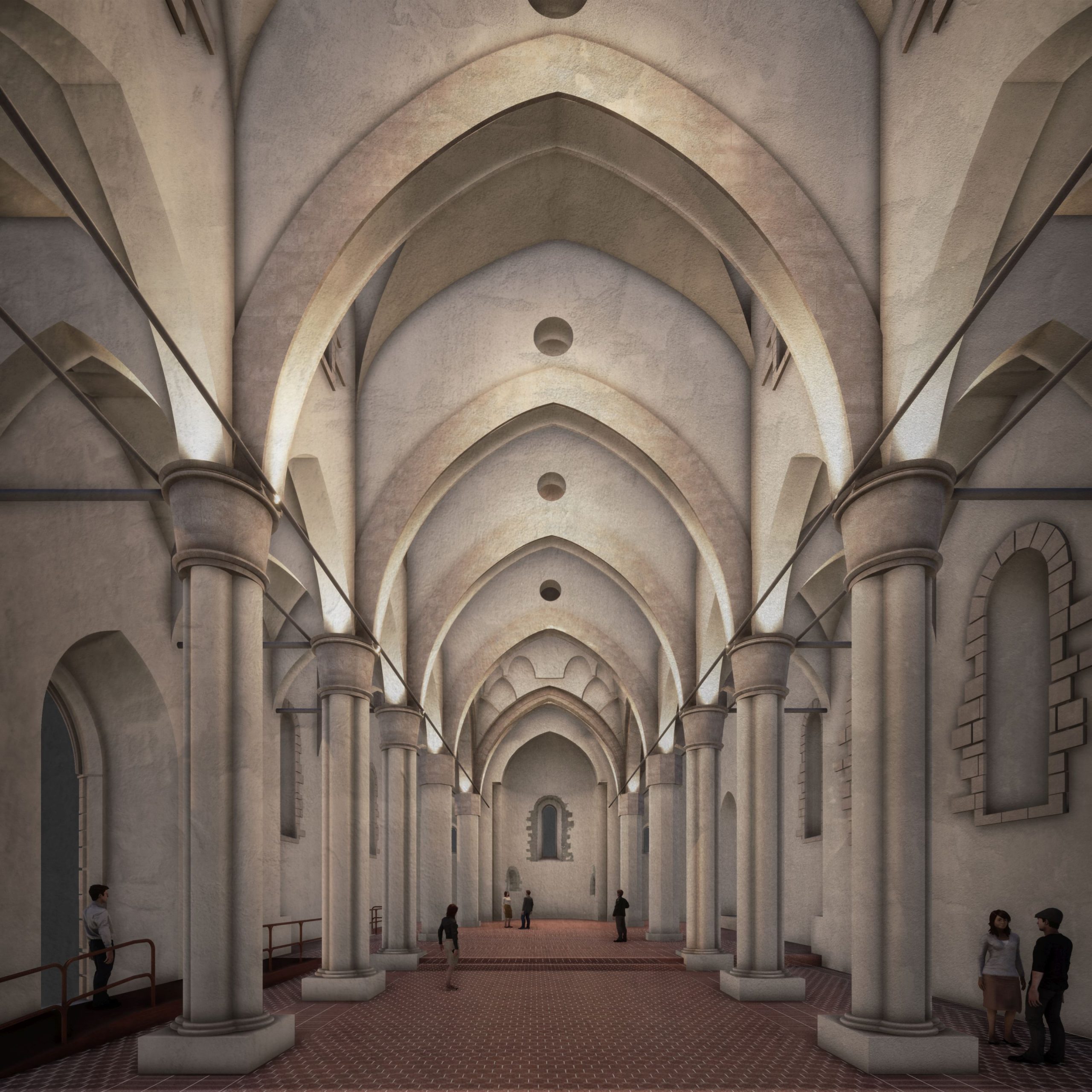 Redner interno della navata e dell'illuminazione dei capitelli