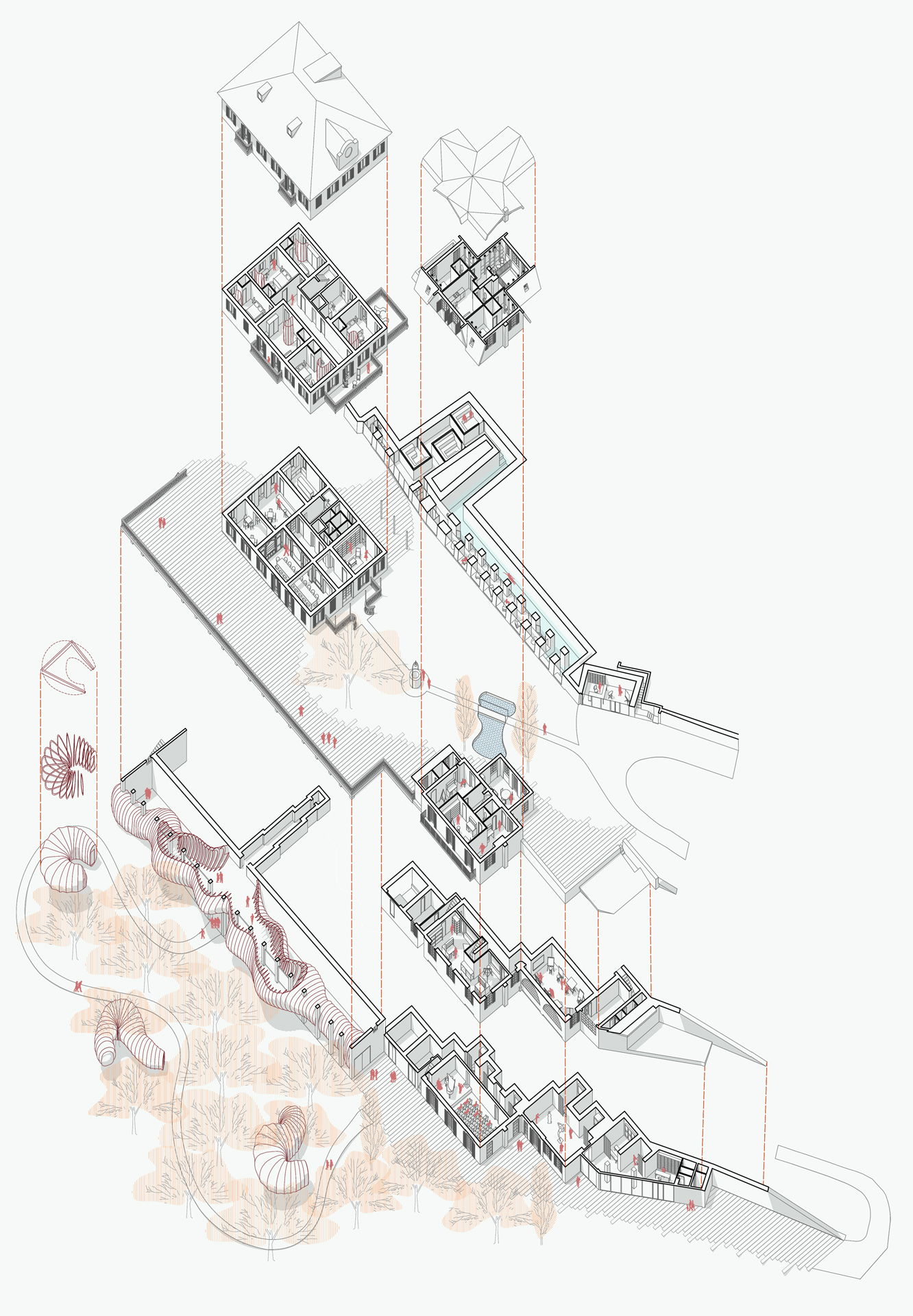 Assonometria esplosa a linee del progetto Hill of the Art